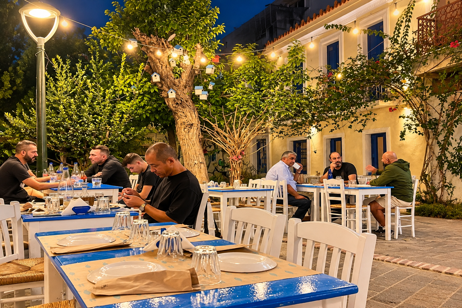 Βραδινή εξωτερική αυλή με μπλε και λευκά τραπέζια